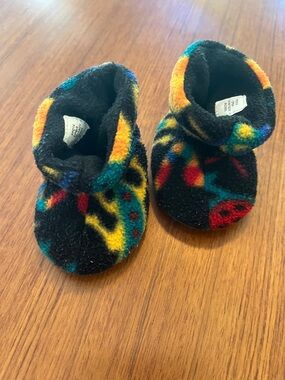 Acorn Black Plush Baby Booties with Red, Yellow & Teal Accents